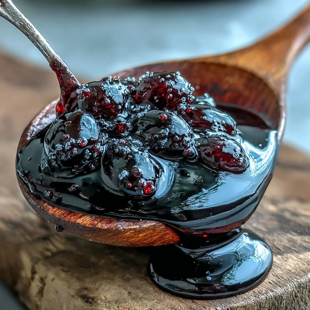 A pot of simmering black currant syrup over a stove, its rich violet color bubbling gently as a wooden spoon stirs the vibrant, fruity mixture.