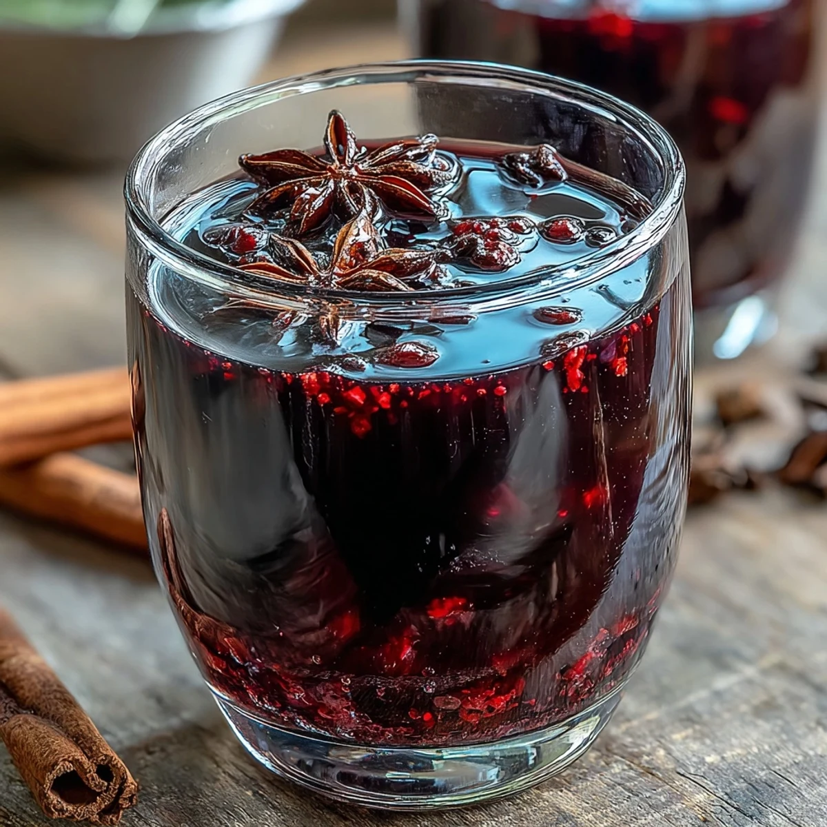Zu einem Glas mit dunklem, rubinrotem Homemade Spiced Blackcurrant Vodka Liqueur, gespickt mit einem Zimtstern und Sternanis, liegt ein Hauch von frischer Zitronenschale auf dem Tisch.