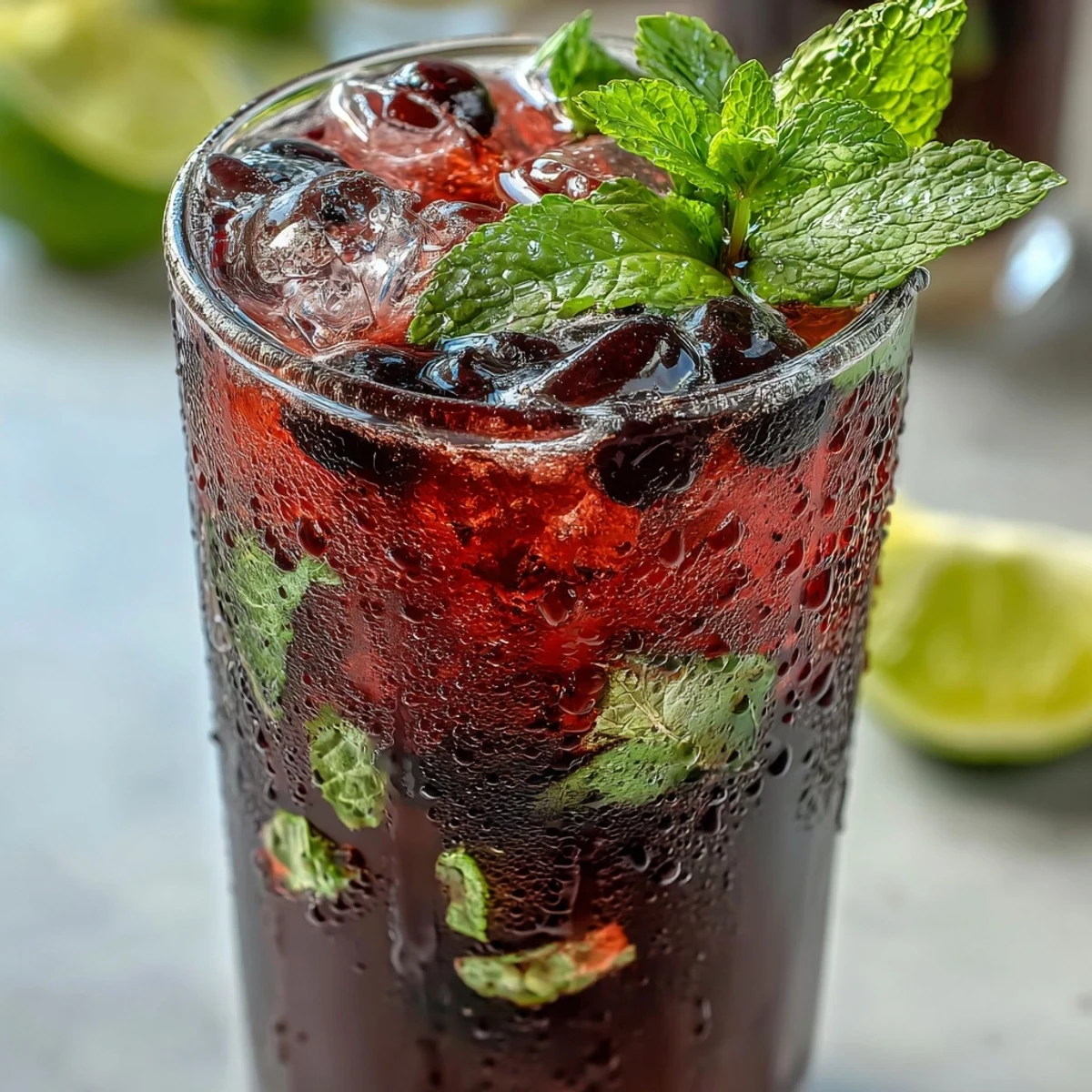 Tangy Blackcurrant Mojito getränk mit glas voller eiswürfel und schwarzen Johannisbeeren garnitur.