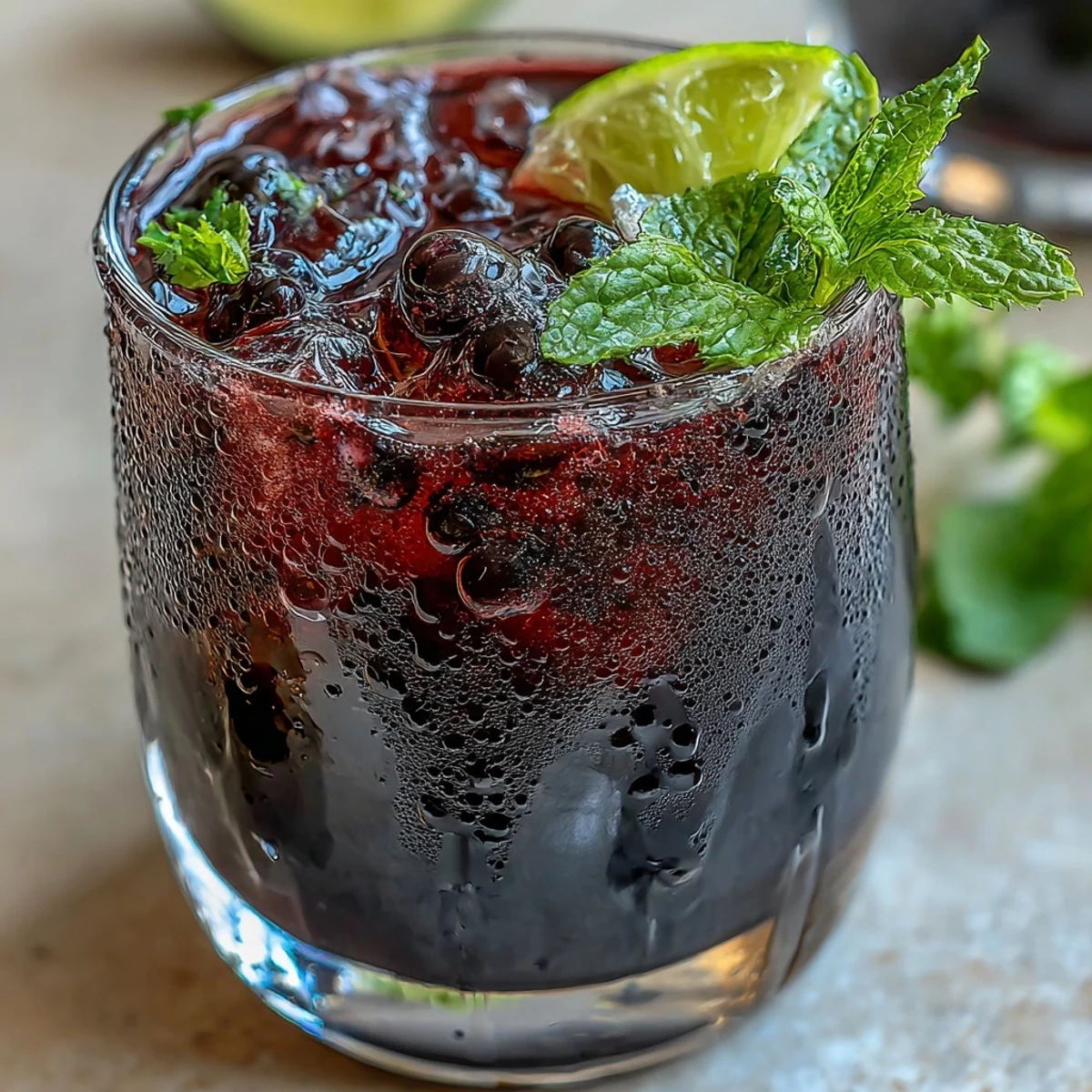 Schwarze Johannisbeer Mojito mit Minzblättern und Limettenwedge garniert, serviert mit zerkleinertem Eis für erfrischende Sommergefühle.