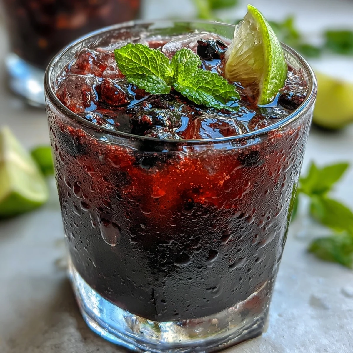 Der schwarze Johannisbeer Mojito präsentiert sich in einem Glas mit Eiswürfeln, Minzzweig und roten Beeren für leuchtende Farben.