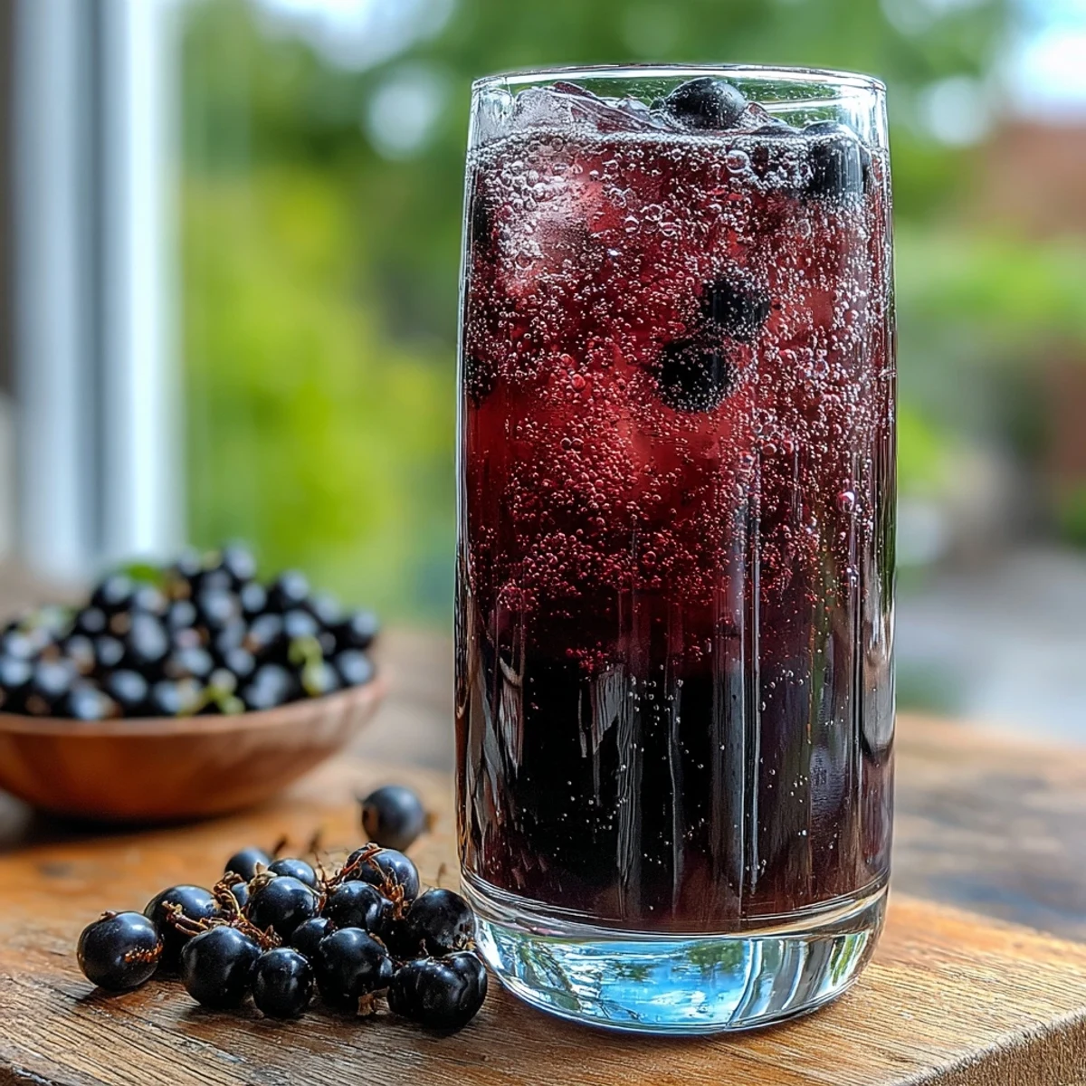 Glas mit selbstgemachtem Crème de Cassis, tiefviolettem Likör aus schwarzen Johannisbeeren und Wodka.