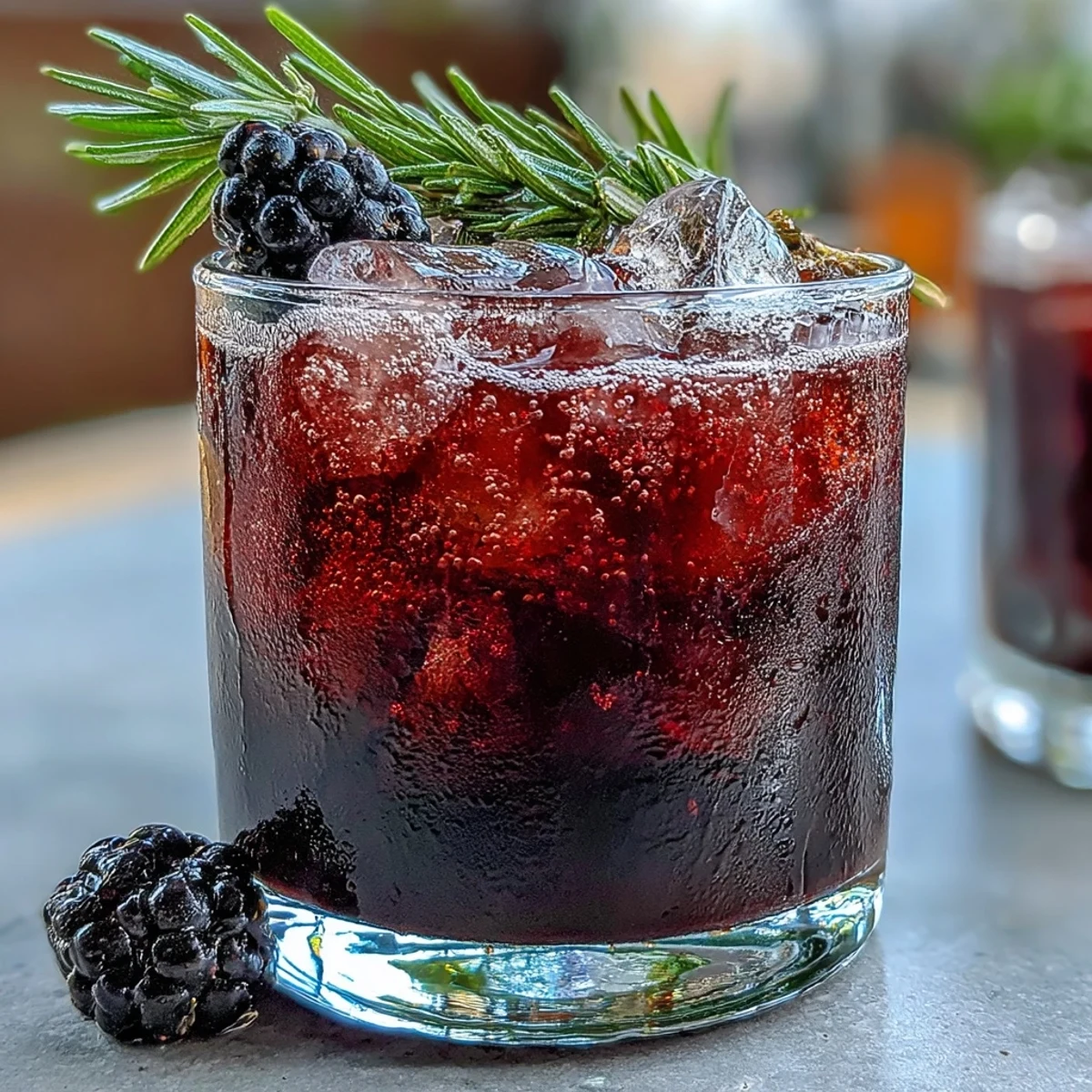 Cocktail mit der Tiefe von schwarzem Johannisbeerlikör und der Wärme von Fassgelagertem Bourbon, garniert mit Rosmarin und Zitronentwist.