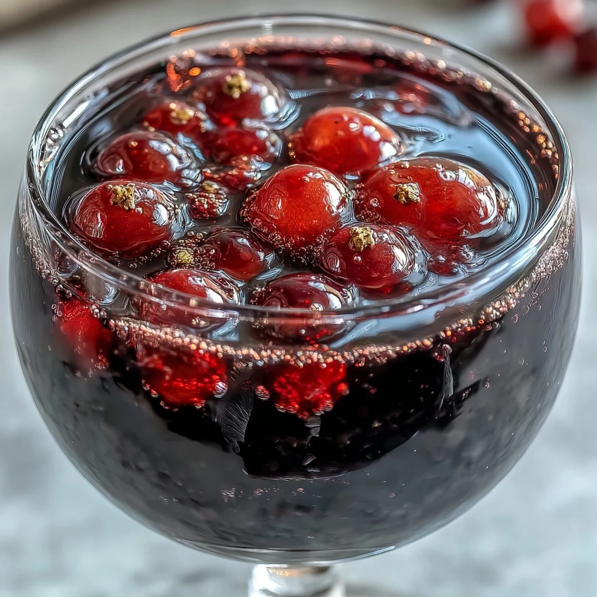 Ein Glas voller rubinroter Easy Blackcurrant Liqueur mit frischen schwarzen Johannisbeeren daneben.  