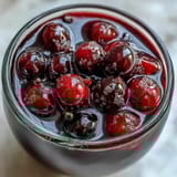 Deep ruby Black Currant Rum Liqueur glistens in a glass, served neat over ice with fresh berries.  