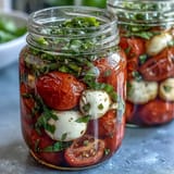 2. Farbenfroher Mason Jar Caprese Salat mit cremigem Mozzarella, saftigen Tomaten und aromatischem Basilikum, leicht zu transportieren.  