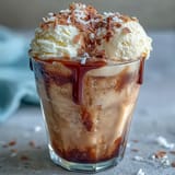 Vanille-Eiscreme in einem Glas mit Kokos-Kaltbrühe: Ein erfrischender, süßer Sommerdrink mit Kaffee und Kokosmilch.  