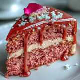 Eine rosa Samttorte mit Rosé-Wein-Infusion und glitzerndem Gold-Drip.