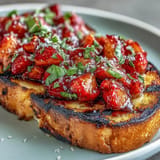 Herzhafte gegrillte Sauerteigscheiben belegt mit saftigen Erdbeeren und Balsamicosirup.