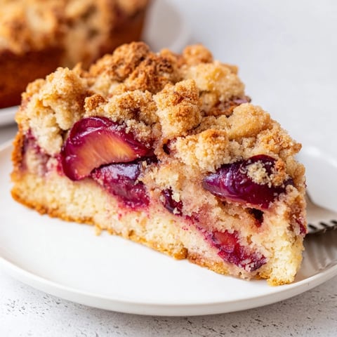 Saftiger deutscher Pflaumenkuchen mit knusprigem Streuseltopping und frischen Pflaumen.