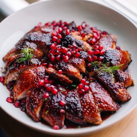 Crispy skin on roasted duck breast, drizzled with sweet and tangy pomegranate reduction.