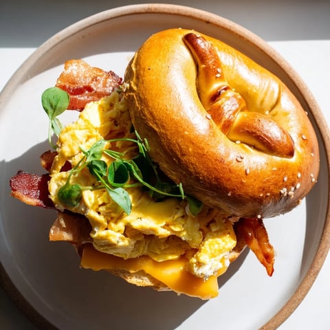 Chewy pretzel bagel breakfast sandwich with crispy bacon and melted cheddar cheese, a hearty morning meal.