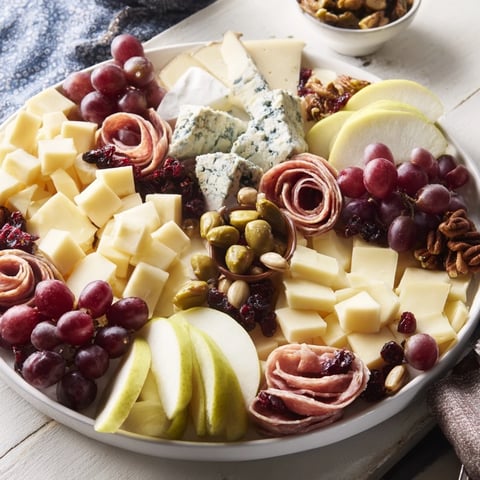 Aesthetically arranged Winter Wonderland Grazing Tray with cheeses, fruits, charcuterie, and treats for gatherings.