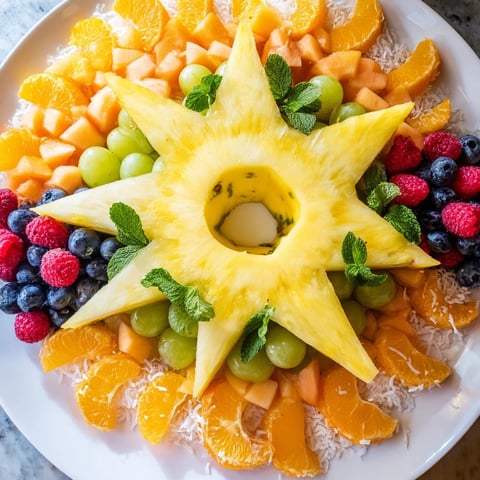 Summer Rays Sun-Shaped Fruit Tray glistens with mango and watermelon, ready for a sunny summer snack.