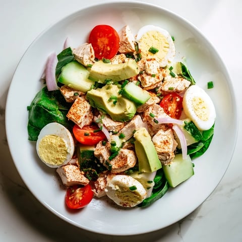 High-Protein Chicken and Egg Salad, a vibrant mix of chicken, eggs, and fresh veggies.