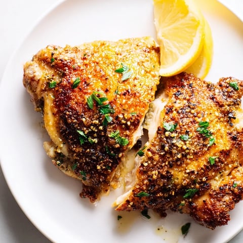 Golden, crispy garlic chicken thighs with parsley garnish, ready to serve with lemon wedges.