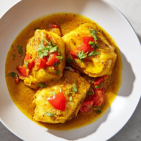 Tender chunks of Bahraini Fish Curry swimming in a rich, creamy coconut sauce with cilantro garnish.
