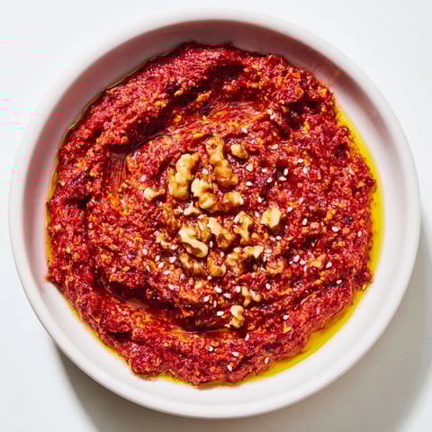 Syrian Muhammara dip, a vibrant red color, is swirled with olive oil and sesame seeds, ready to serve.