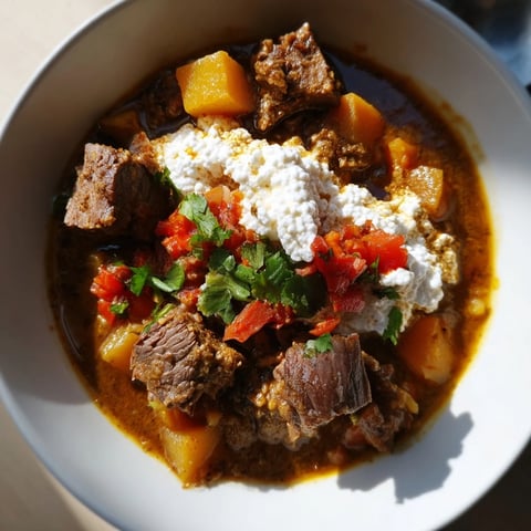 A warm bowl of Yemeni Saltah stew, a flavorful meat stew brimming with veggies.