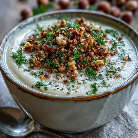 Geschmackvolle Schüssel mit Celeriac Soup With Hazelnut Crumble und goldbraunem Nuss-Topping.