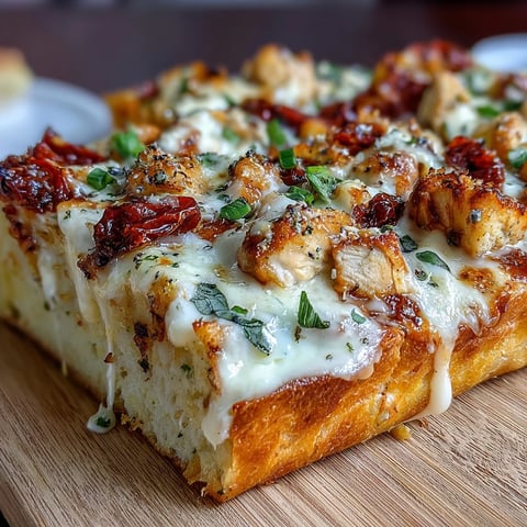 Ein goldbrauner Marry Me Chicken Pizza mit cremiger Hähnchen-Füllung, Sonnenblumentomaten und frischem Basilikum.