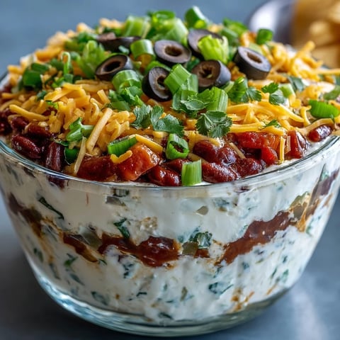 Layered 4-Way Layered Dip with refried beans, creamy sour cream, salsa, and cheddar, served with tortilla chips.