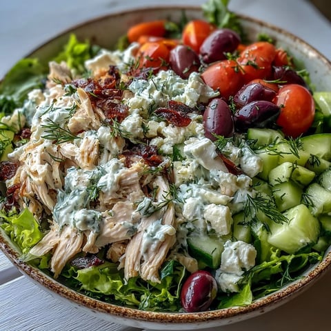 Creamy Tzatziki Chicken Salad in a white bowl, topped with crumbled feta and Kalamata olives.