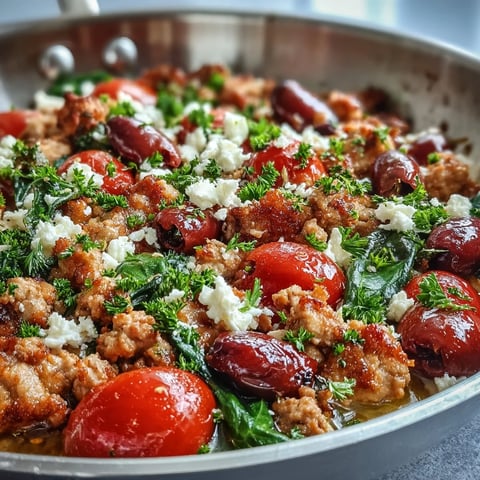 Mediterranean Keto Ground Chicken Skillet with Olives and Feta served hot from the pan, topped with crumbled feta and fresh parsley.