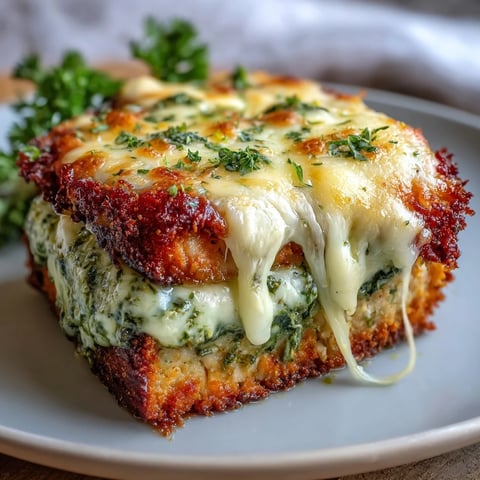 Golden-brown breaded chicken breasts topped with marinara sauce, Pesto Chicken Parmesan, and melted mozzarella.