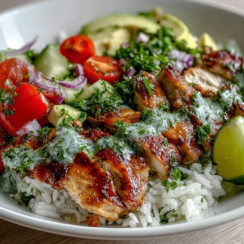 Grilled chimichurri chicken sliced over rice with fresh tomatoes, cucumber, and avocado.