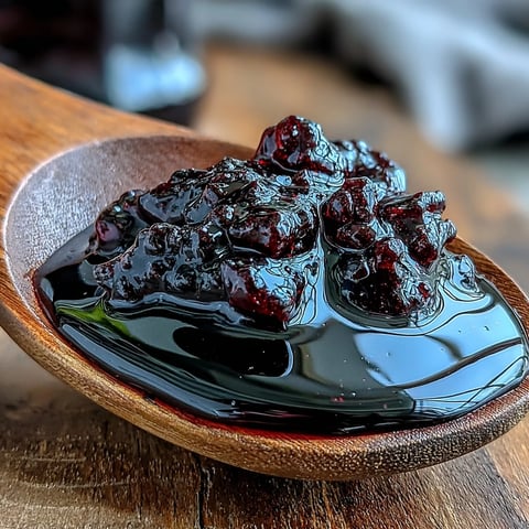 Homemade black currant syrup in a clear glass jar, its deep purple hue glistening, garnished with fresh berries and a spoon ready to drizzle over desserts.