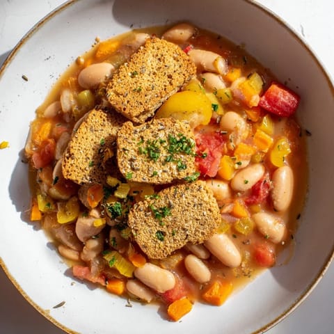 Close-up of a steaming bowl of Rustic German Bean & Tomato Stew with fresh parsley for garnish.