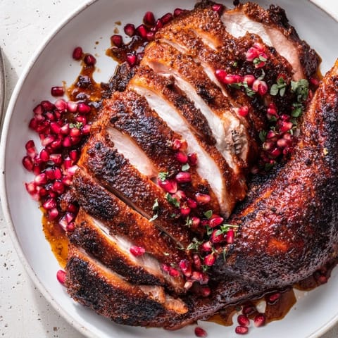 A close-up of sliced roasted duck breast with vibrant pomegranate reduction, ready to serve.