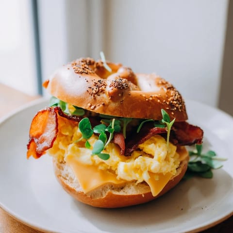 Golden-toasted pretzel bagel breakfast sandwich, filled with scrambled eggs and bacon, perfect American breakfast.