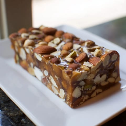 Sweet and sticky Nutty Nougat Snack Bars, boasting a rich honey flavor, perfect as homemade gifts.