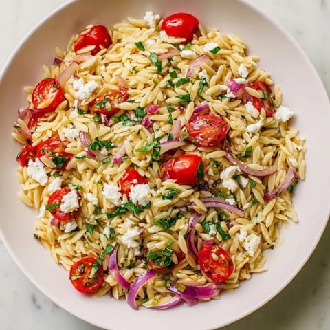 Close up shot of creamy feta cheese and juicy tomatoes in a Tomato Feta Orzo pasta salad.