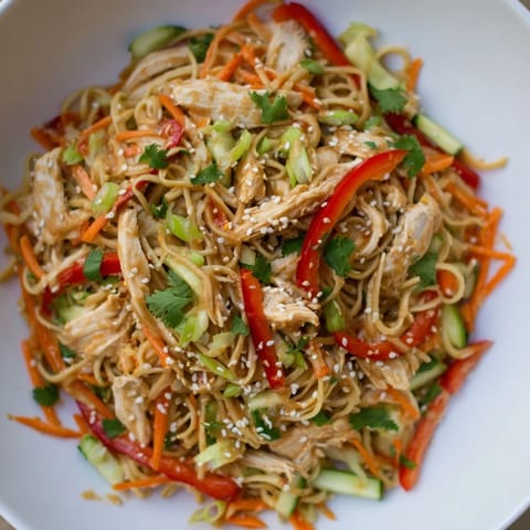 A close-up of fresh Chilled Chicken Noodle Salad, garnished with sesame seeds and lime wedges.