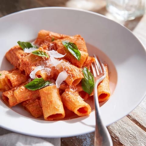 US-Food-Blogger: Dieses Spicy Rigatoni Pasta bildet saftige Nudelstücke in einer würzigen, cremigen Sauce mit Basilikum und Parmesan.  
