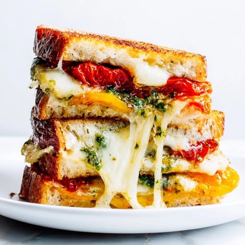 Golden-brown Roasted Tomato Pesto Grilled Cheese slices melting with gooey mozzarella and cheddar, stacked on a rustic wooden board.