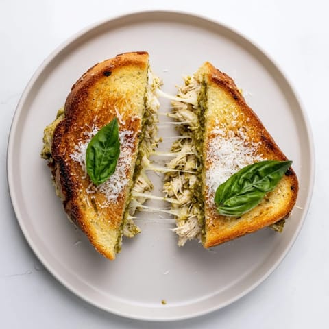 Goldene Mozzarella Pesto Chicken Grilled Cheese Sandwiches mit geschmolzenem Käse und frischen Basilikumblättern.