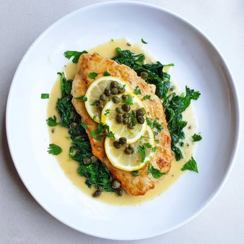 Elegantes Spinach Lemon Butter Chicken auf Bett aus zartem Babyspinat garniert mit Petersilie.