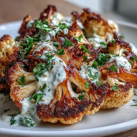 Goldene geröstete Blumenkohl-Scheiben auf cremiger Zitronen-Linsen-Salatbett, verfeinert mit Cumin-Tahini-Yoghurt-Sauce.