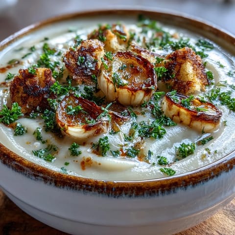 Creamy Roasted Garlic Soup with golden garlic cloves and parsley garnish.