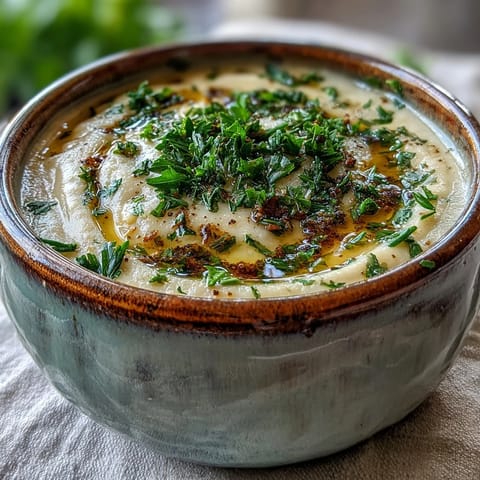 Cremige Rübensuppe mit frischen Kräutern und einem Olive-Oil-Topping auf einer Schüssel.