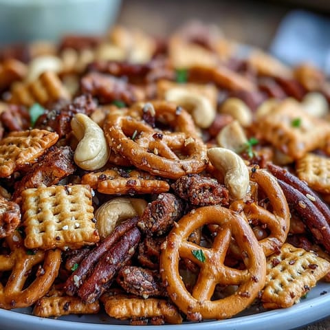 Savory Everything Ranch Cheese and Pretzel Snack Mix in a serving bowl, garnished with herbs.