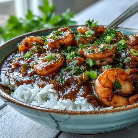 Klassisches New Orleans Étouffée garniert mit frischen grünen Zwiebeln und Petersilie auf einem Haufen weißem Reis.