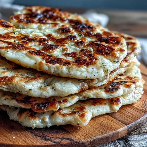 Golden-brown The Best Easy Garlic Naan Bread fresh from the skillet, brushed with melted butter and minced garlic.