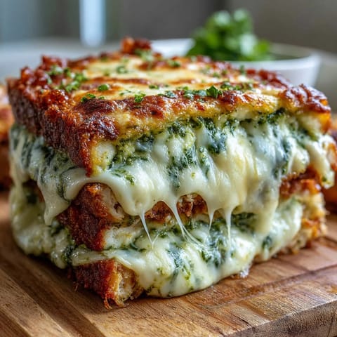 Pesto Chicken Parmesan garnished with fresh basil, served alongside spaghetti and garlic bread on a rustic plate.