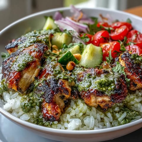 Ein farbenfroher Schüssel mit Basilikum-Pesto-Hähnchen, Reis, Kirschtomaten, Gurken, Avocado und Spinat.