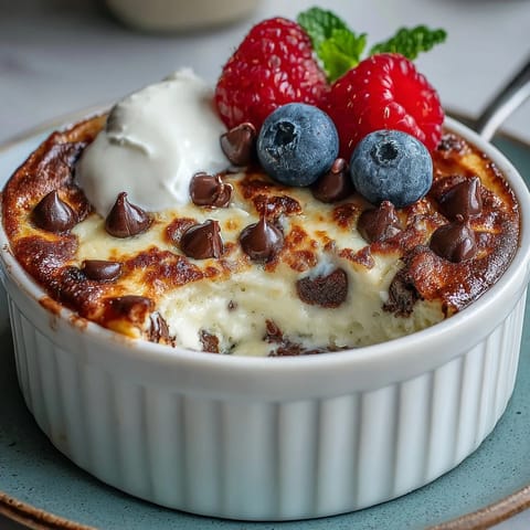 Goldenes Baked Protein Pancake Bowl mit cremigem Joghurt und frischen Beeren im Ofen gebacken.
